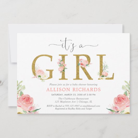 Roze en gouden bloemen baby shower, Het is een mei Kaart (Voorkant)