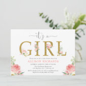 Roze en gouden bloemen baby shower, Het is een mei Kaart (Staand voorkant)