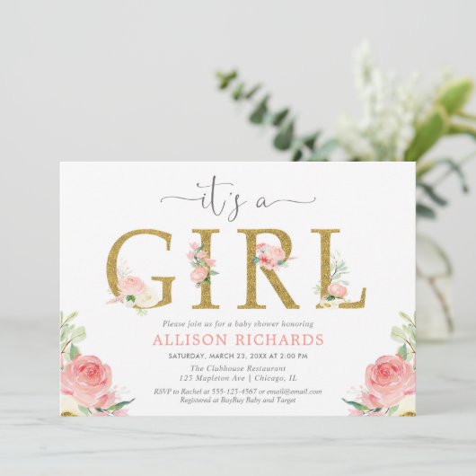 Roze en gouden bloemen baby shower, Het is een mei Kaart (Staand voorkant)