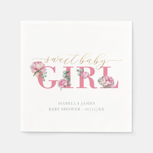 Roze en Gouden Bloemen Baby shower servetten voor (Voorkant)