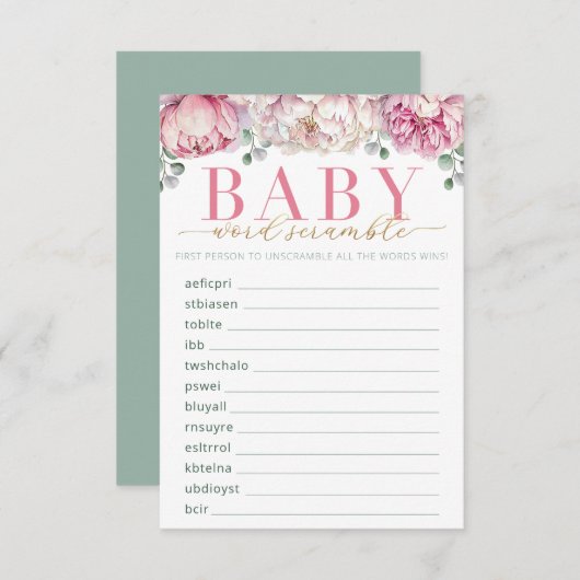 Roze en Gouden Bloemen Baby shower Word Scramble G Informatiekaartje (Voorkant / Achterkant)
