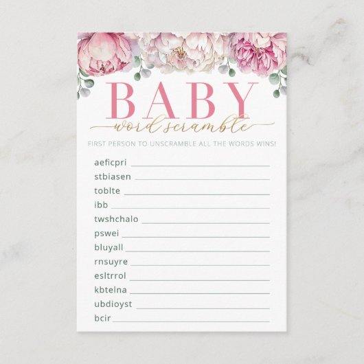 Roze en Gouden Bloemen Baby shower Word Scramble G Informatiekaartje (Voorkant)