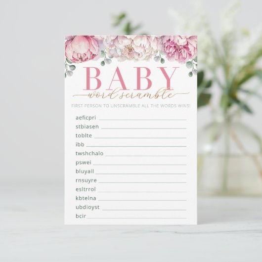 Roze en Gouden Bloemen Baby shower Word Scramble G Informatiekaartje (Staand voorkant)