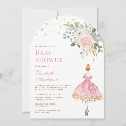 Roze en Gouden Bloemen Ballerina Arch Baby shower Kaart (Voorkant)