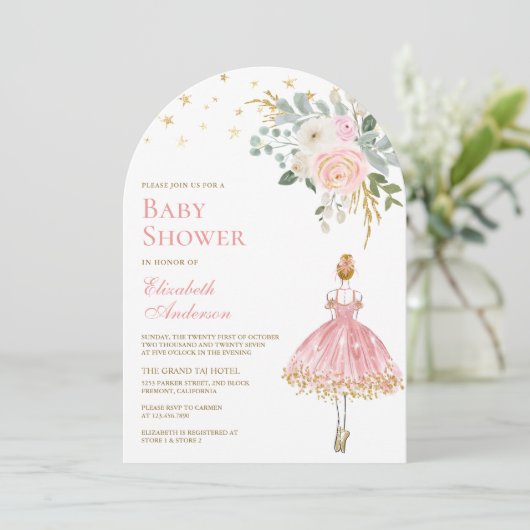 Roze en Gouden Bloemen Ballerina Arch Baby shower Kaart (Staand voorkant)