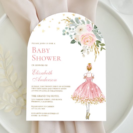 Roze en Gouden Bloemen Ballerina Arch Baby shower Kaart