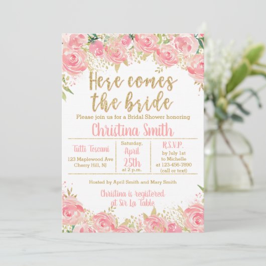 Roze en Gouden Bloemen Bruids Douche Uitnodigingen (Staand voorkant)