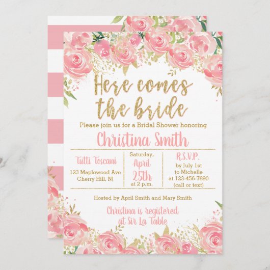 Roze en Gouden Bloemen Bruids Douche Uitnodigingen (Voorkant / Achterkant)