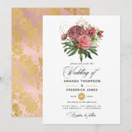 Roze en Gouden Bloemen Bruiloft Kaart