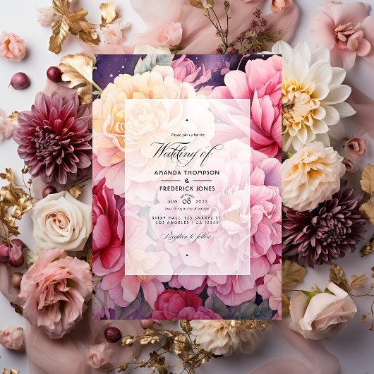 Roze en Gouden Bloemen Bruiloft Kaart