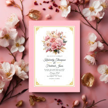 Roze en Gouden Bloemen Bruiloftsinvitaties