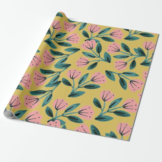 Roze en Gouden Bloemen Cadeaupapier (Uitgerold)