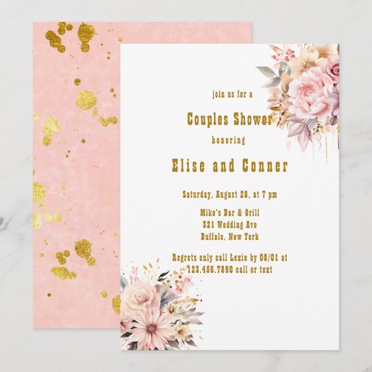Roze en Gouden Bloemen Couples Douche Kaart (Voorkant / Achterkant)