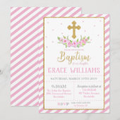 Roze en Gouden Bloemen Doop Uitnodigingen Meisje (Voorkant / Achterkant)