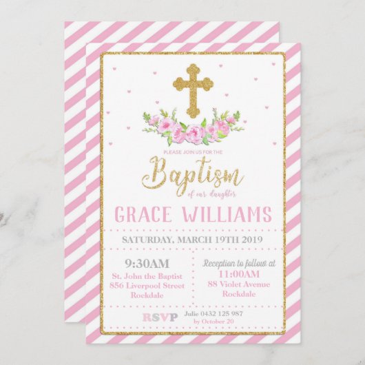 Roze en Gouden Bloemen Doop Uitnodigingen Meisje (Voorkant / Achterkant)