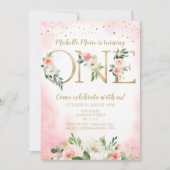  roze en gouden bloemen eerste verjaardag kaart (Voorkant)