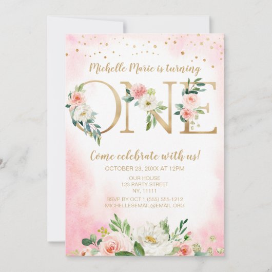  roze en gouden bloemen eerste verjaardag kaart (Voorkant)