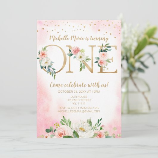  roze en gouden bloemen eerste verjaardag kaart (Staand voorkant)