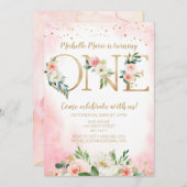  roze en gouden bloemen eerste verjaardag kaart (Voorkant / Achterkant)