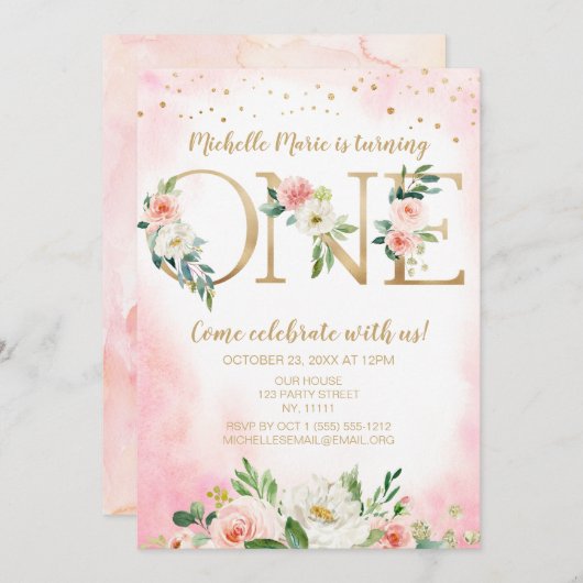  roze en gouden bloemen eerste verjaardag kaart (Voorkant / Achterkant)