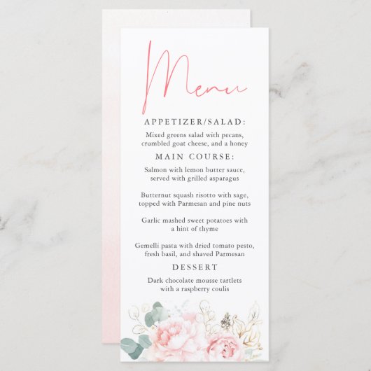 Roze en Gouden Bloemen Elegant Menu (Voorkant / Achterkant)