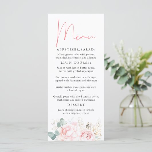 Roze en Gouden Bloemen Elegant Menu (Staand voorkant)