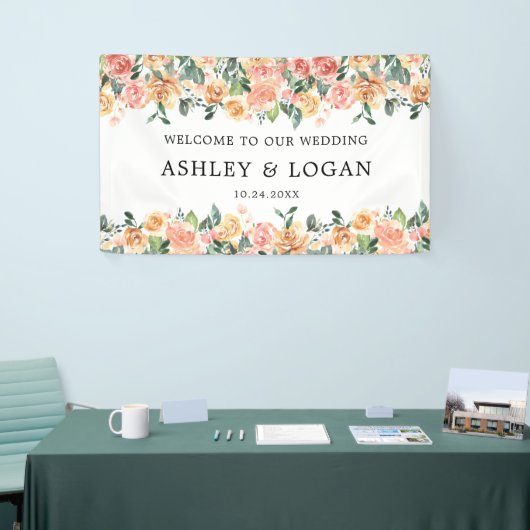 Roze en Gouden Bloemen Elegante bruiloft Welkom Spandoek (Beurs)