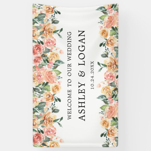 Roze en Gouden Bloemen Elegante bruiloft Welkom Spandoek (Verticaal)