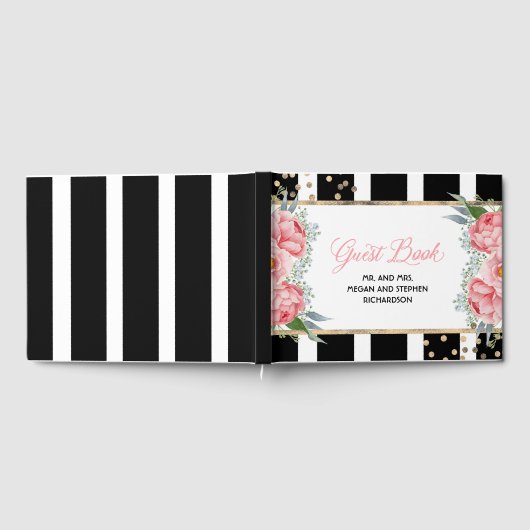 Roze en Gouden Bloemen Elegante Pioenbruiloft Gastenboek (Volledig)