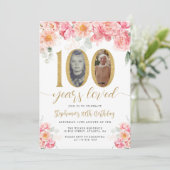 Roze en Gouden Bloemen Foto 100ste Verjaardag Kaart (Staand voorkant)