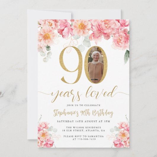 Roze en Gouden Bloemen Foto 90ste Verjaardag Kaart (Voorkant)