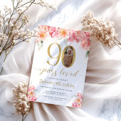Roze en Gouden Bloemen Foto 90ste Verjaardag Kaart