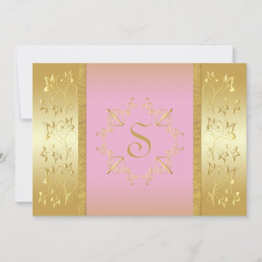 Roze en Gouden Bloemen Monogrammed Uitnodiging (Voorkant)