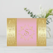 Roze en Gouden Bloemen Monogrammed Uitnodiging (Staand voorkant)