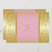 Roze en Gouden Bloemen Monogrammed Uitnodiging (Voorkant / Achterkant)