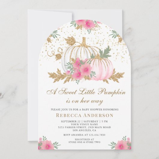Roze en Gouden Bloemen Pompoenboog Baby shower Kaart (Voorkant)