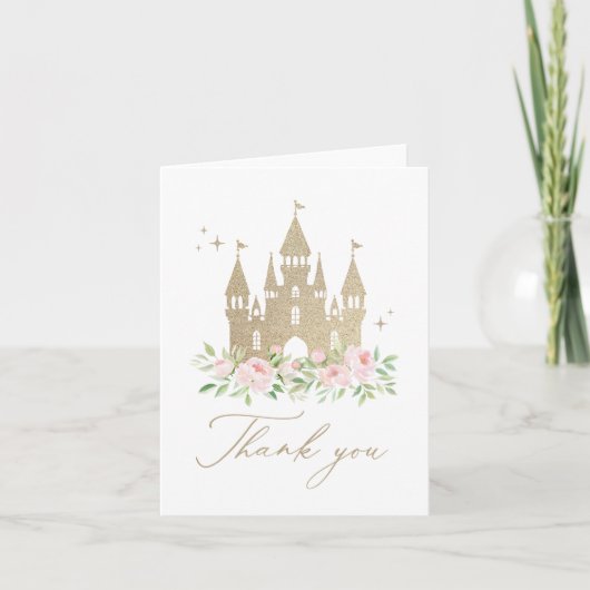 Roze en gouden bloemen prinses Baby shower Bedankkaart (Voorkant)