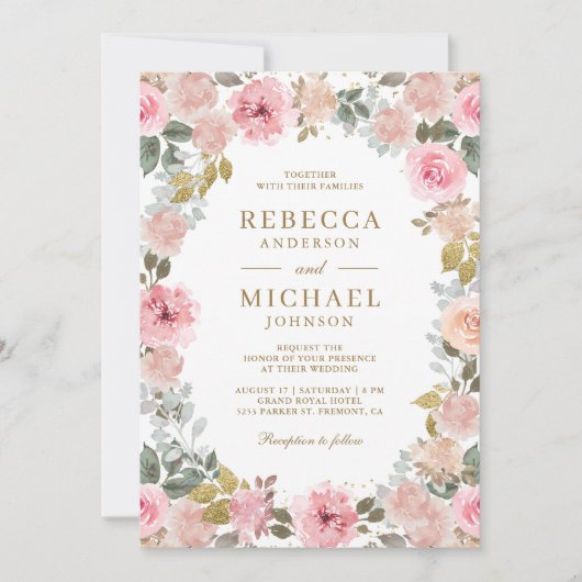 Roze en Gouden Bloemen QR Code Huwelijk Kaart (Voorkant)