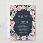 Roze en Gouden Bloemen QR Code Navy Blue Wedding Kaart (Voorkant)