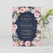 Roze en Gouden Bloemen QR Code Navy Blue Wedding Kaart (Staand voorkant)