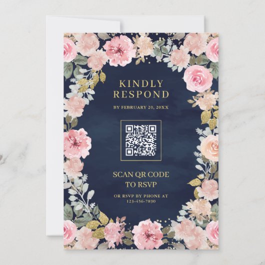 Roze en Gouden Bloemen QR Code Navy Blue Wedding Kaart (Achterkant)