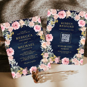 Roze en Gouden Bloemen QR Code Navy Blue Wedding Kaart