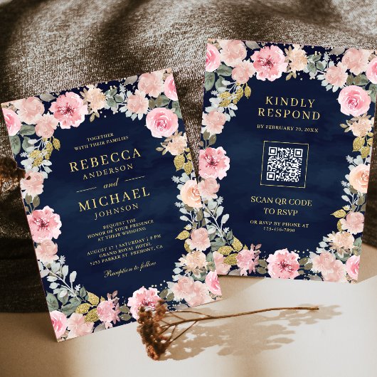 Roze en Gouden Bloemen QR Code Navy Blue Wedding Kaart