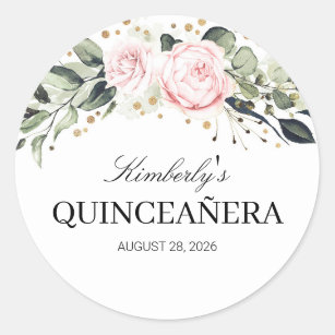 Roze en Gouden Bloemen Quinceanera Ronde Sticker