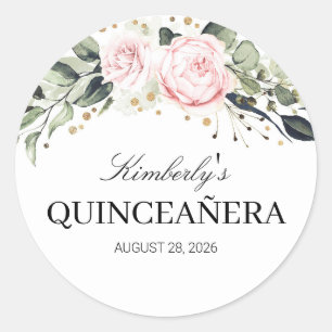 Roze en Gouden Bloemen Quinceanera Ronde Sticker
