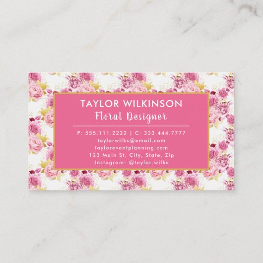 Roze en Gouden Bloemen Rozen op Wit Visitekaartje (Achterkant)