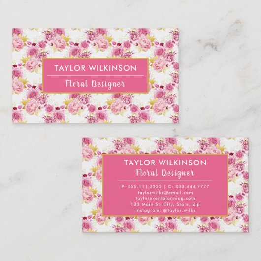 Roze en Gouden Bloemen Rozen op Wit Visitekaartje (Voorkant / Achterkant)