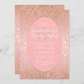 Roze en gouden bloemen vintage bruiloft uitnodigin kaart (Voorkant / Achterkant)