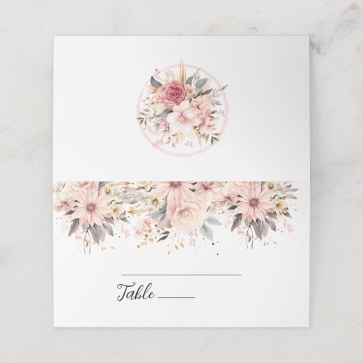 Roze en Gouden Bloemen Vlinder Trouwtafel Plaatskaartje (Buitenkant ongevouwen)