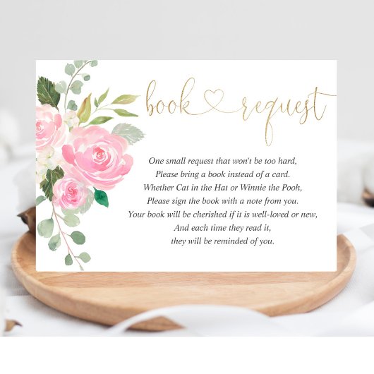 Roze en gouden bloemen waterverf meisje boek aanvr informatiekaartje